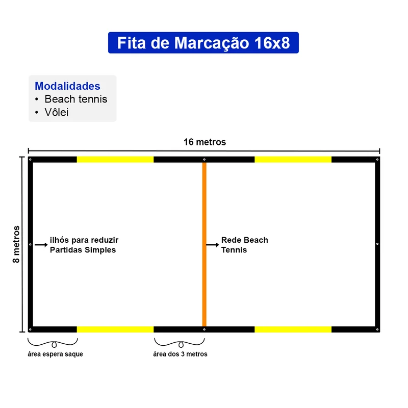 especificacoes fita para demarcar quadra de beach tennis e volei 16x8 preto amarelo 1